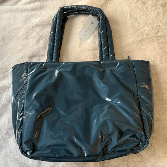 NWT Athleta All About Shine Puff Tote Bag Teal Cypress - Picture 5 of 13